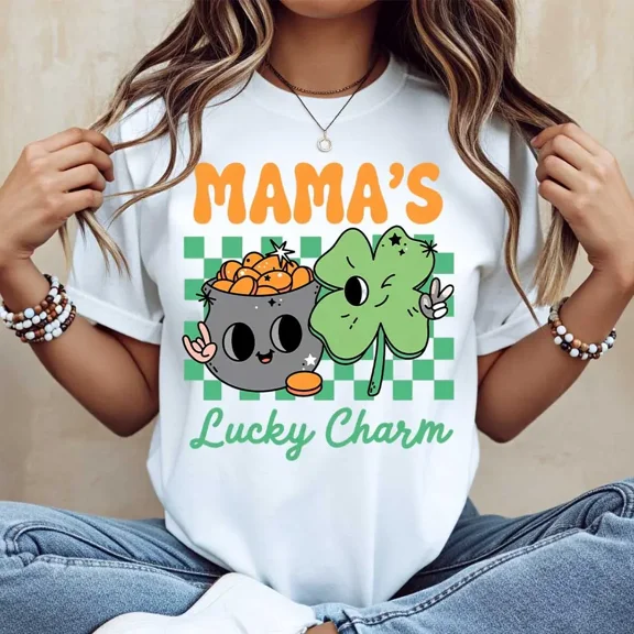 100% Cotton Mama's Lucky Charm Pot Of Gold And Clover Print Tshirt White Crewneck Casual Top For St Patrick's Day Celebration Golf Gift T-Shirt For Men and Women