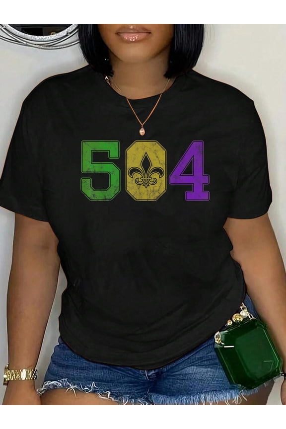 100% Cotton Mardi Gras 504 Nola New Orleans Louisiana LA T-Shirt Print Round Neck Cotton T-Shirt, Summer Women's Tops, gift