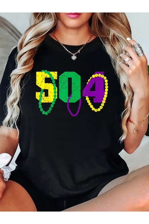 100% Cotton Mardi Gras 504 Nola New Orleans Louisiana LA T-Shirt Print Round Neck Cotton T-Shirt, Summer Women's Tops, gift