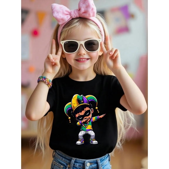 100% Cotton Mardi Gras Dabbing Boy Black Funny Outfit Jester Hat Kid T-Shirt Graphic T-shirts for boys and girls
