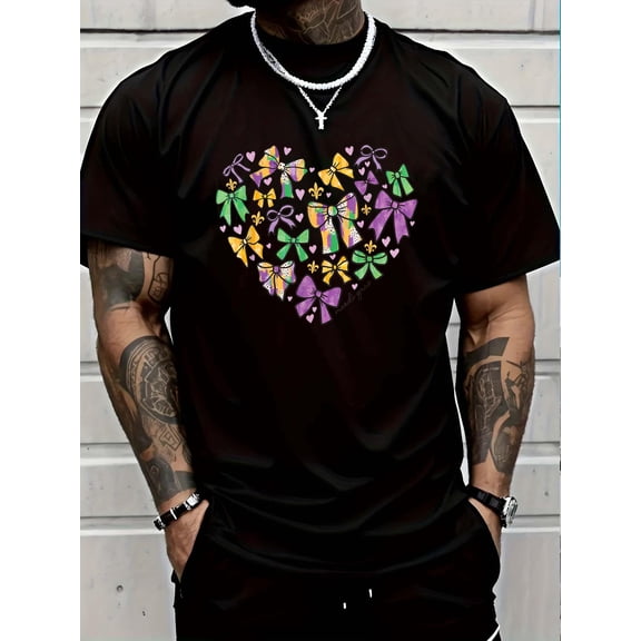100% Cotton Mardi Gras Heart Bow Purple Green Yellow Fleur-de-Lis Parade T-Shirt Graphic T-shirts for men and women
