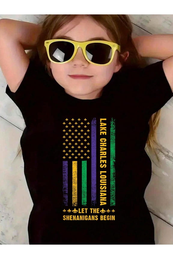 100% Cotton Mardi Gras Lake Charles Louisiana Fleur-De-Lis American Flag Women Men Kid T-Shirt Graphic T-shirts for boys and girls