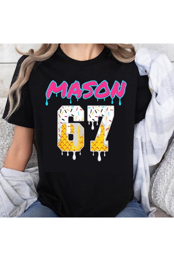 100% Cotton Mason 67 Ice Cream Drip Design T-Shirt Unisex Graphic Tee Fun Summer Wear for Kids and Adults