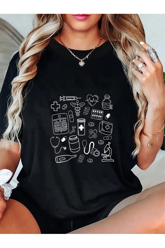 100% Cotton Medical Doodles Nurse Healthcare Profession Women T-Shirt