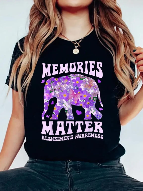100% Cotton Memories Matter Alzheimer's Awareness Purple Elephant Flower T-Shirt Women's Graphic Tee Casual Tops