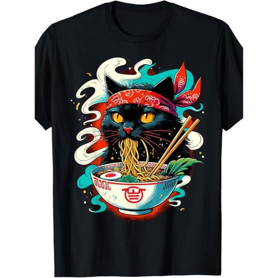 100% Cotton Men's Festive Delight Cute Cat Ramen Graphic T-Shirt - 180g Crew Neck Short Sleeve, Regular Fit All-Season Casual Wear, Whimsical Design for Day, Chris Golf Gift T-Shirt For Men and Women