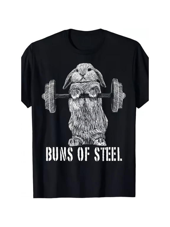 100% Cotton Men's Funny Buns of Steel Bunny Rabbit Weightlifting Graphic T-Shirt, Comfortable Breathable Soft Tee, Men's 100% Cotton T-Shirt 180gsm Golf Gift T-Shirt For Men and Women