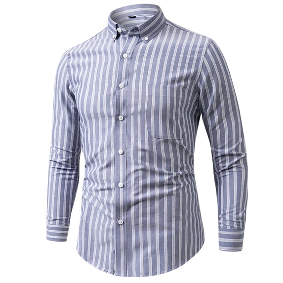 100% Cotton Men's Long Sleeved Lapel Striped Shirt Button Up Casual Basic Work Shirt with Pocket Slim Fit Business Formal Dress Shirts