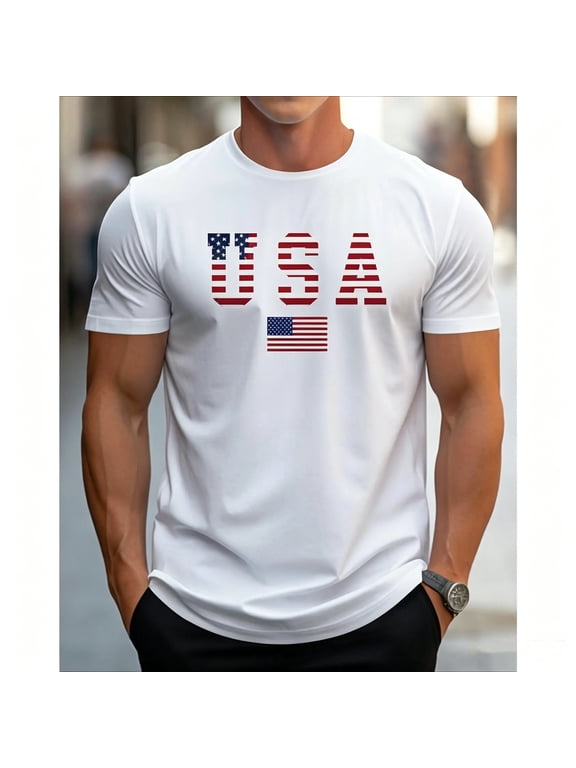 [100% Cotton] Men's Patriotic USA Flag Print Cotton T-Shirt -  Cotton Crew Neck Short Sleeve, Slight Stretch Knit Fabric, Regular Fit All-Season Comfort