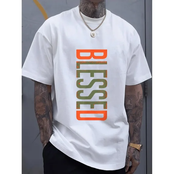 100% Cotton Men's Plus Size BLESSED 2D Printed T-Shirt Bold Geometric ...
