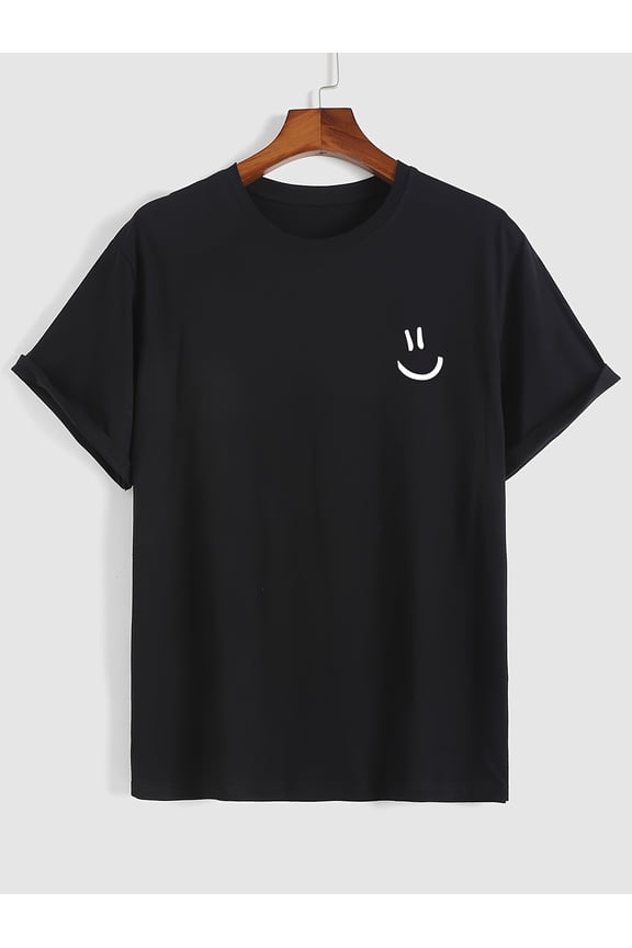 100% Cotton Men's Smiling Face Print T-shirt, Casual Short Sleeve Crew Neck Tee, Men's Clothing For Outdoor