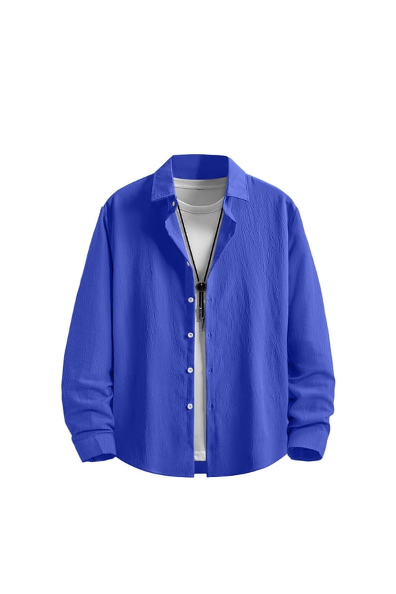 100% Cotton Men's Sun Protection Shirts Lapel Button Down Long Sleeve Plain Breathable Lightweight Hiking Shirts for Summer Blue L