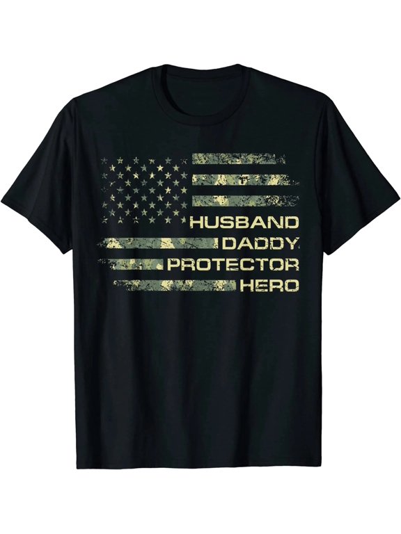 100% Cotton Mens Husband Daddy Protector Hero Fathers Day Camo American Flag T-Shirt Golf Gift T-Shirt For Men and Women