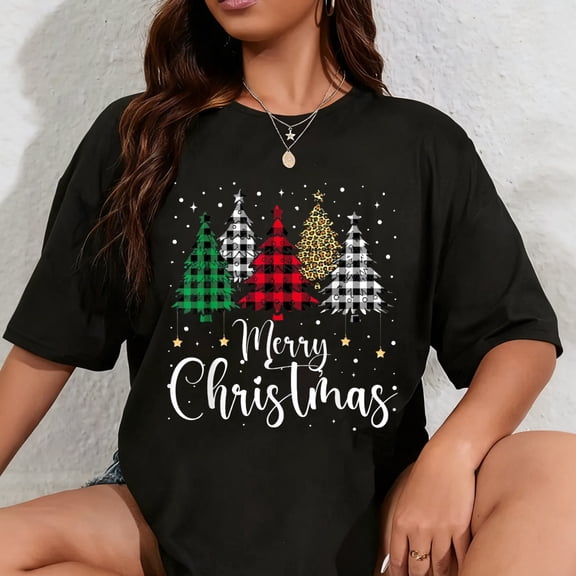 100% Cotton Merry Christmas Tree Buffalo Plaid Red White Green Xmas Pjs T-Shirt