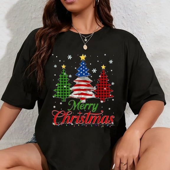 100% Cotton Merry Christmas Tree Plaid US Flag Snowflake Xmas Men T-Shirt