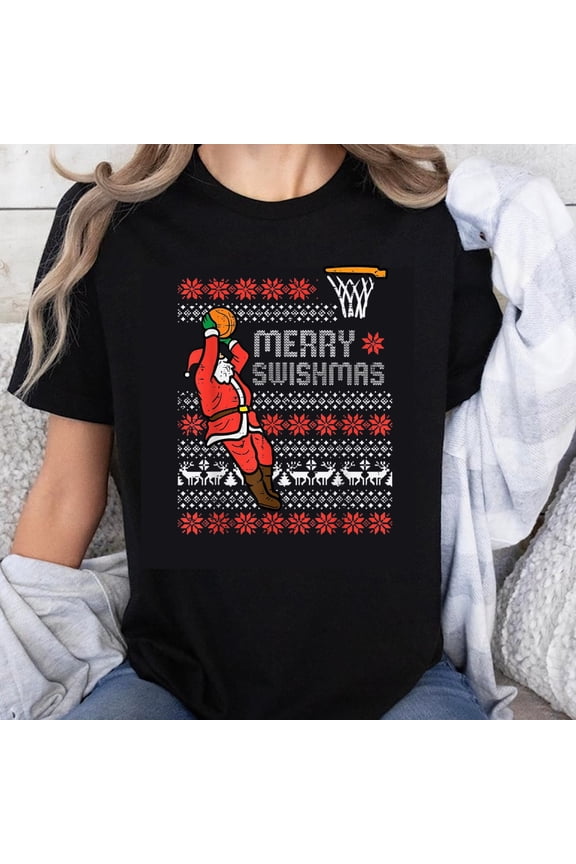 100% Cotton Merry Swishmas Santa Basketball Christmas Ugly Sweater T-Shirt Holiday Funny Xmas Gift for Men Women