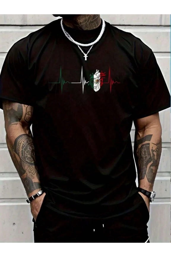100% Cotton Mexico Heart Mexico Flag Heartbeat EKG Pulse Mexican Pride T-Shirt