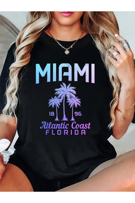 100% Cotton Miami Florida FL Pride Vintage Souvenir Palm Trees T-Shirt Women's Graphic Tee Casual Tops