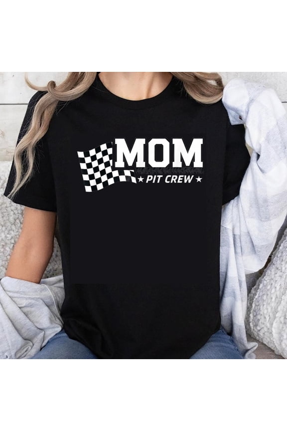 100% Cotton Mom Pit Crew Checkered Flag T-Shirt