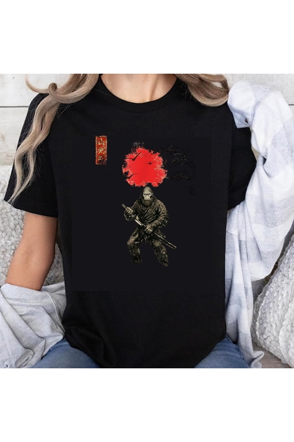 100% Cotton Monkey Samurai Warrior With Red Cherry Blossom Tree And Japanese Calligraphy Art Design T-Shirt