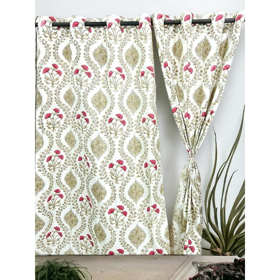 100% Cotton Multicolor Printed Curtains – Heavy/Thick Fabric – Set of 2 Window Panels(Beige)