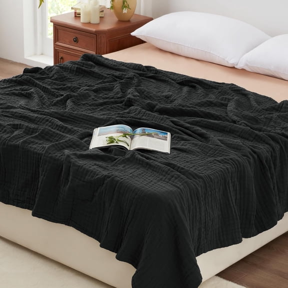 100% Cotton Muslin Blanket, 6 Layer Lightweight Breathable Gauze Queen Size Blanket 90 x 90 Inches, Soft All Season Blanket for Bed, Black