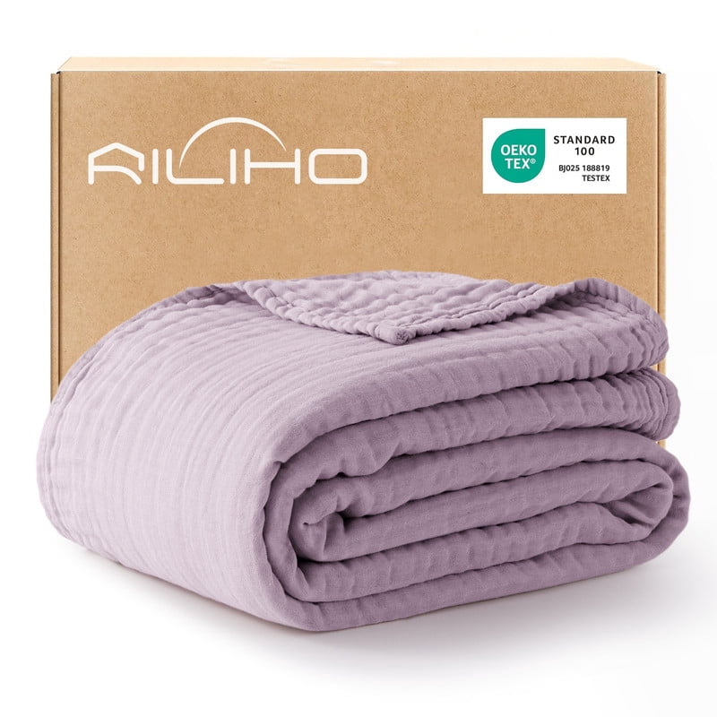 100% Cotton Muslin Blanket King 108" x 90", 6 Layers Lightweight and Breathable Throw Blankets for Bed, Soft Cooling Gauze Blanket for Adults All Season, Lavender