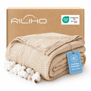 100% Cotton Muslin Blanket King 108" x 90", 6 Layers Lightweight and Breathable Throw Blankets for Bed, Soft Cooling Gauze Blanket for Adults All Season, Linen Beige
