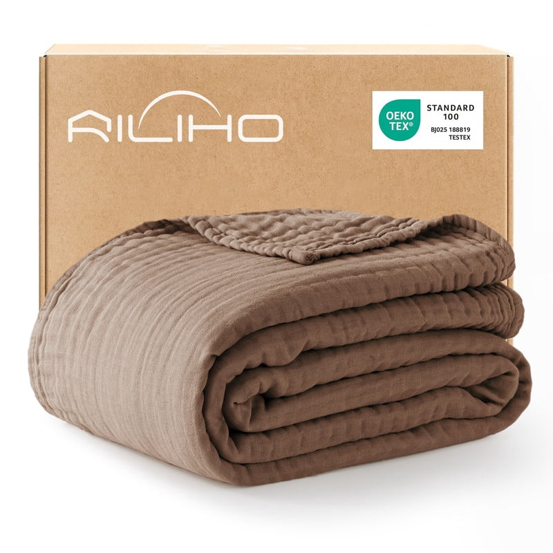 100% Cotton Muslin Blanket King 108" x 90", 6 Layers Lightweight and Breathable Throw Blankets for Bed, Soft Cooling Gauze Blanket for Adults All Season, Tan