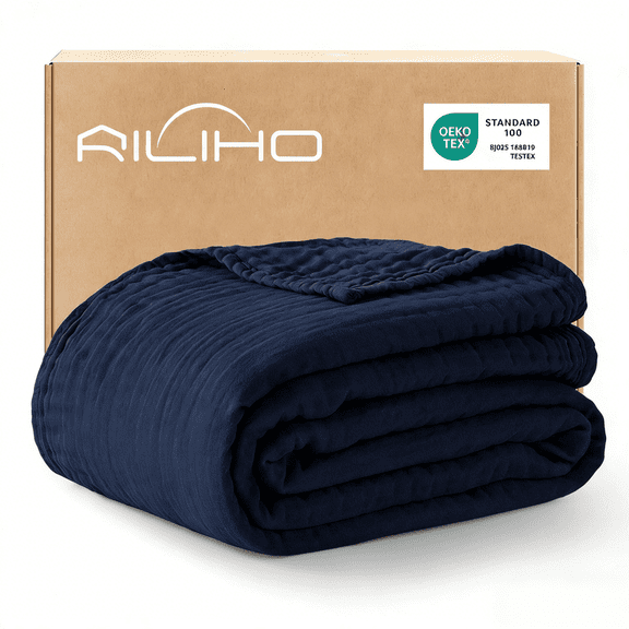 100% Cotton Muslin Blanket Large 50" x 70", 6 Layers Lightweight and Breathable Throw Blankets for Couch, Soft Cooling Gauze Blanket for Adults All Season, Navy