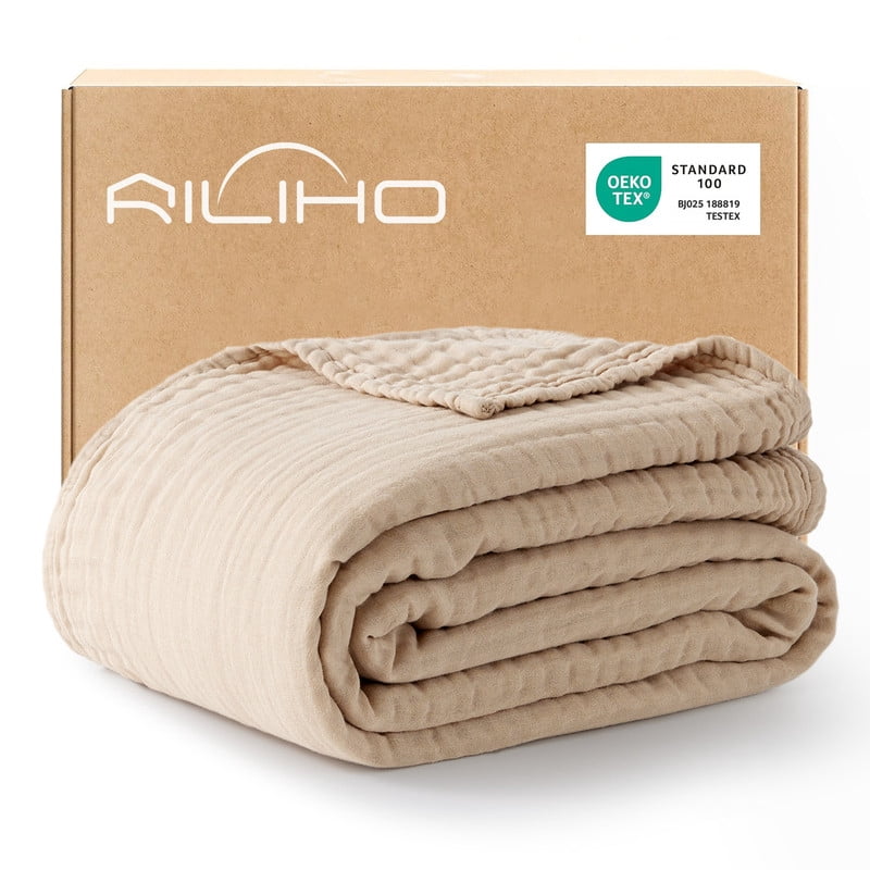 100% Cotton Muslin Blanket Twin XL 66" x 90", 6 Layers Lightweight and Breathable Throw Blankets for Bed, Soft Cooling Gauze Blanket for Adults All Season, Linen Beige