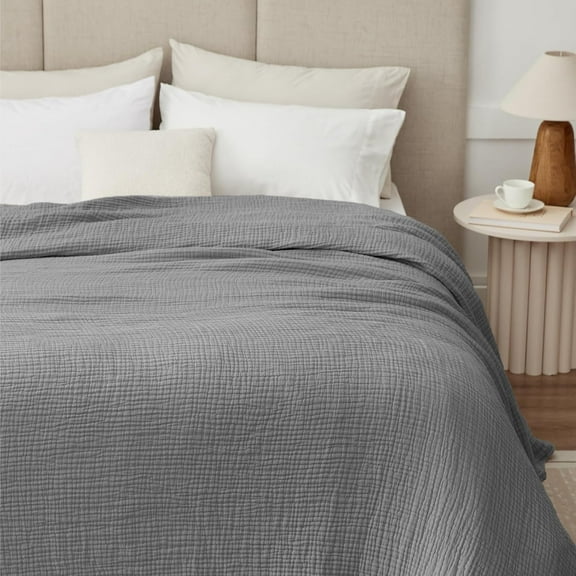 100% Cotton Muslin Blanket Twin XL 66" x 90", Breathable and Cooling Bed Blankets, Soft Boho Coverlet Bedspread, Gauze Bedding for Adults All Season, Grey
