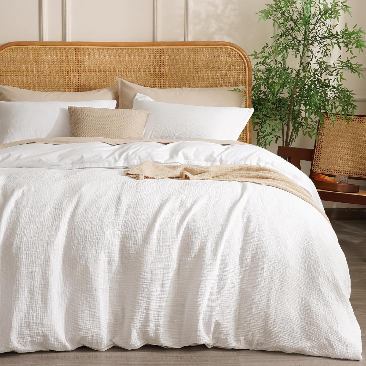 Muslin Duvet Cover Set - King Size, 100% Washed Cotton, 3-Piece With 2 Pillowcases, Beige, 90x104 Inches