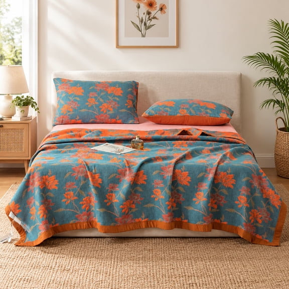 100% Cotton Muslin Jacquard Floral Blossom Print Quilt, Soft 3-Layer Reversible Breathable Lightweight King Bedspread Coverlet, 98"x94", No Pillow Sham