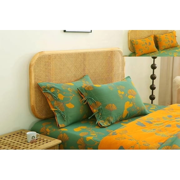 100% Cotton Muslin Pillow Shams Jacquard Floral Ginkgo Leaves Pillowcases, Soft 2 Layers Gauzy Reversible Pillow Covers, 20"x30",Queen Size,2-Pack