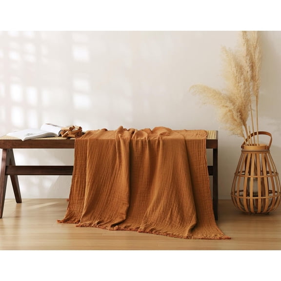 100% Cotton Muslin Throw Blanket for Bed, Couch, Travel, Luxuriously Soft, Pre-Washed, Breathable and Lightweight Gauze Blanket with Tassels, Suitable for All Seasons, Rust, 50"x60"