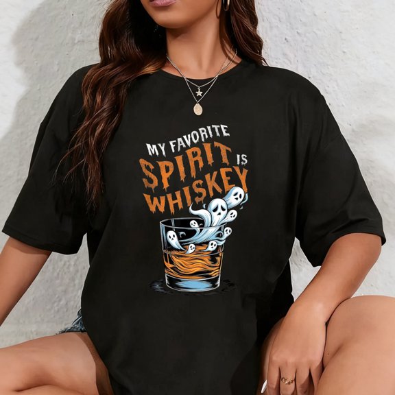 100% Cotton My Favorite Spirit Is Whiskey Funny Halloween Ghost Drinking T-Shirt