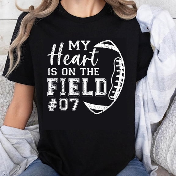 100% Cotton My Heart Is On The Field Football Jersey Number 07 Sports Fan Gift For Women T-Shirt