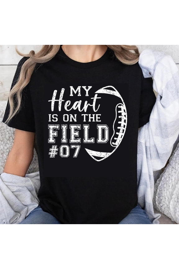 100% Cotton My Heart Is On The Field Football Jersey Number 07 Sports Fan Gift For Women T-Shirt