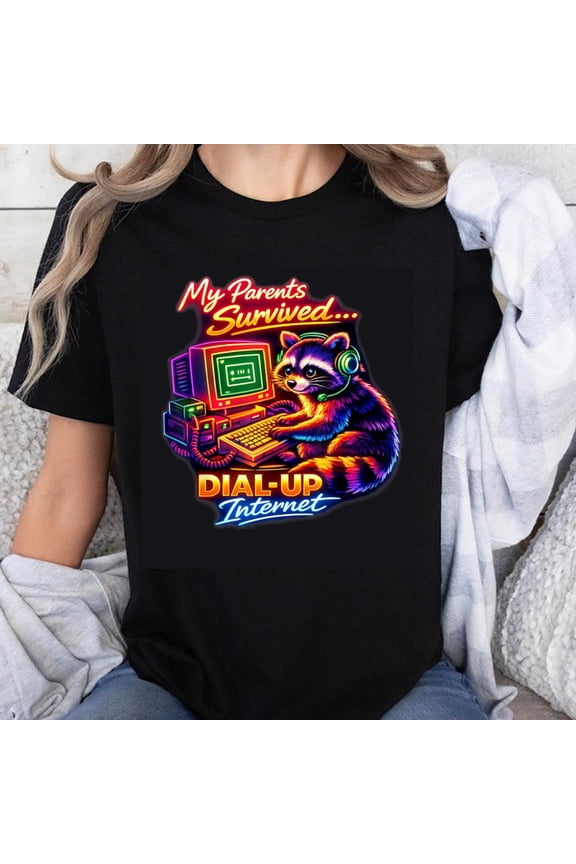 100% Cotton My Parents Survived Dial Up Internet Retro Cat Computer Nostalgic 90s Tech Humor T-Shirt