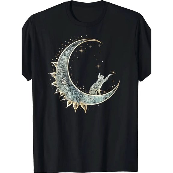 100% Cotton Mysterious Aesthetics Cat on Crescent Moon Print T-Shirt | 1pc Casual Crew Neck Short Sleeve Tee, All-Season Knit Fabric Top with Digital Heat Transfer Applique, Regular Fit for Adults