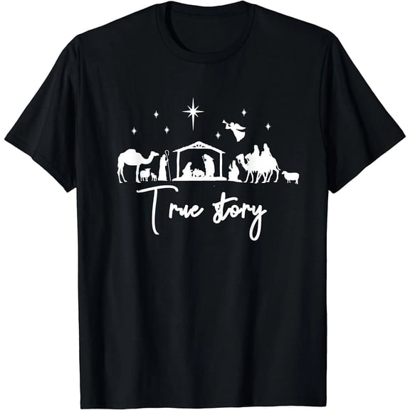 100% Cotton Nativity Christmas Shirt True Story Baby Jesus Manger Graphic T-Shirt Christian Religious Gift for Dad Mom Family Catholic Faith Holiday Tee Men Women Unisex