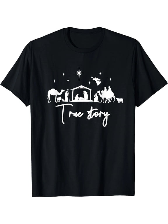 100% Cotton Nativity Christmas Shirt True Story Baby Jesus Manger Graphic T-Shirt Christian Religious Gift for Dad Mom Family Catholic Faith Holiday Tee Men Women Unisex