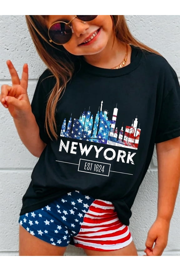 100% Cotton New York 4th of July US Amercan Flag Matching Souvenir Retro Premium Tri-blend Kids T-Shirt