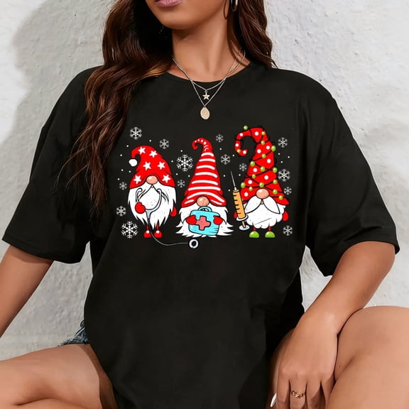 100% Cotton Nurse Christmas Gnomes Xmas Scrub Top ER Rn Nursing Gnomies T-Shirt
