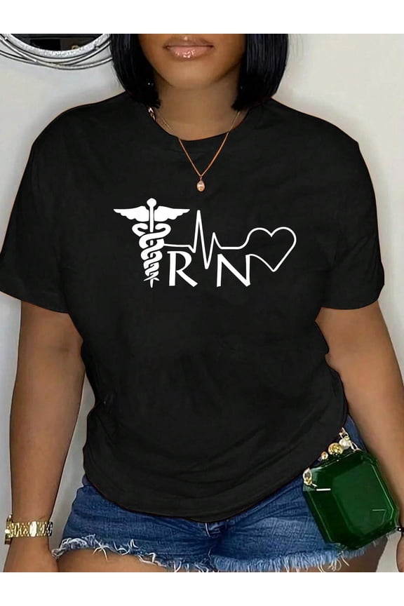 100% Cotton Nurse RN Heartbeat Graduation Womens Gift T-Shirt Small Women's Men's Graphic Tee Casual Tops