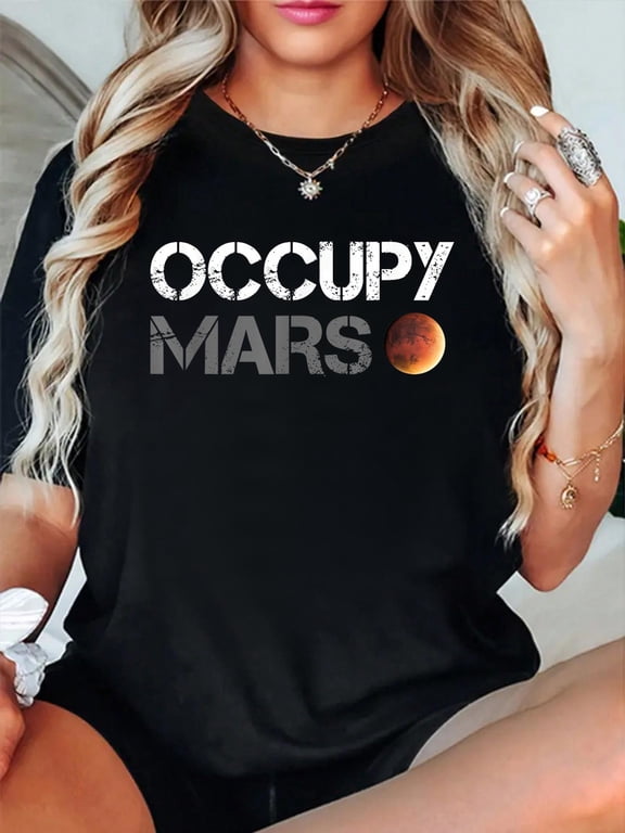 Cotton Occupy Mars Astronomy Space Explorer Rocket Science T-Shirt Women's Graphic Tee Casual Tops