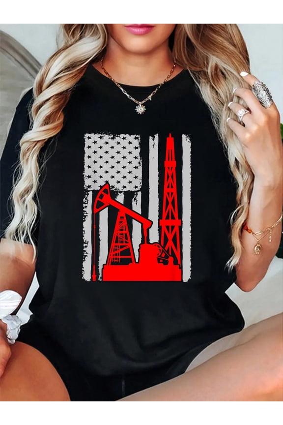 100% Cotton Oilfield Flag T-Shirt USA Flag Oil Worker Oil Pumping Tee Women's Men's Graphic Tee Casual Tops