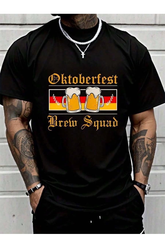 100% Cotton Oktoberfest Party Novelty Bavarian Drinking Brew T-Shirt Crew Neck Short Sleeve T-Shirt, Casual Print Graphic Cotton Tees Men Tops