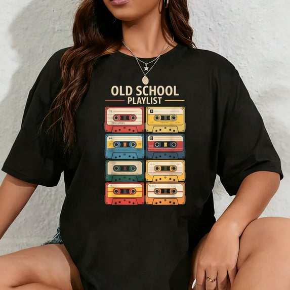 100% Cotton Old School Playlist Retro 80s 90s Cassette Tape Music T-Shirt